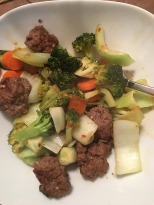 Orange-less meatballs w bok choy, carrots & broccoli